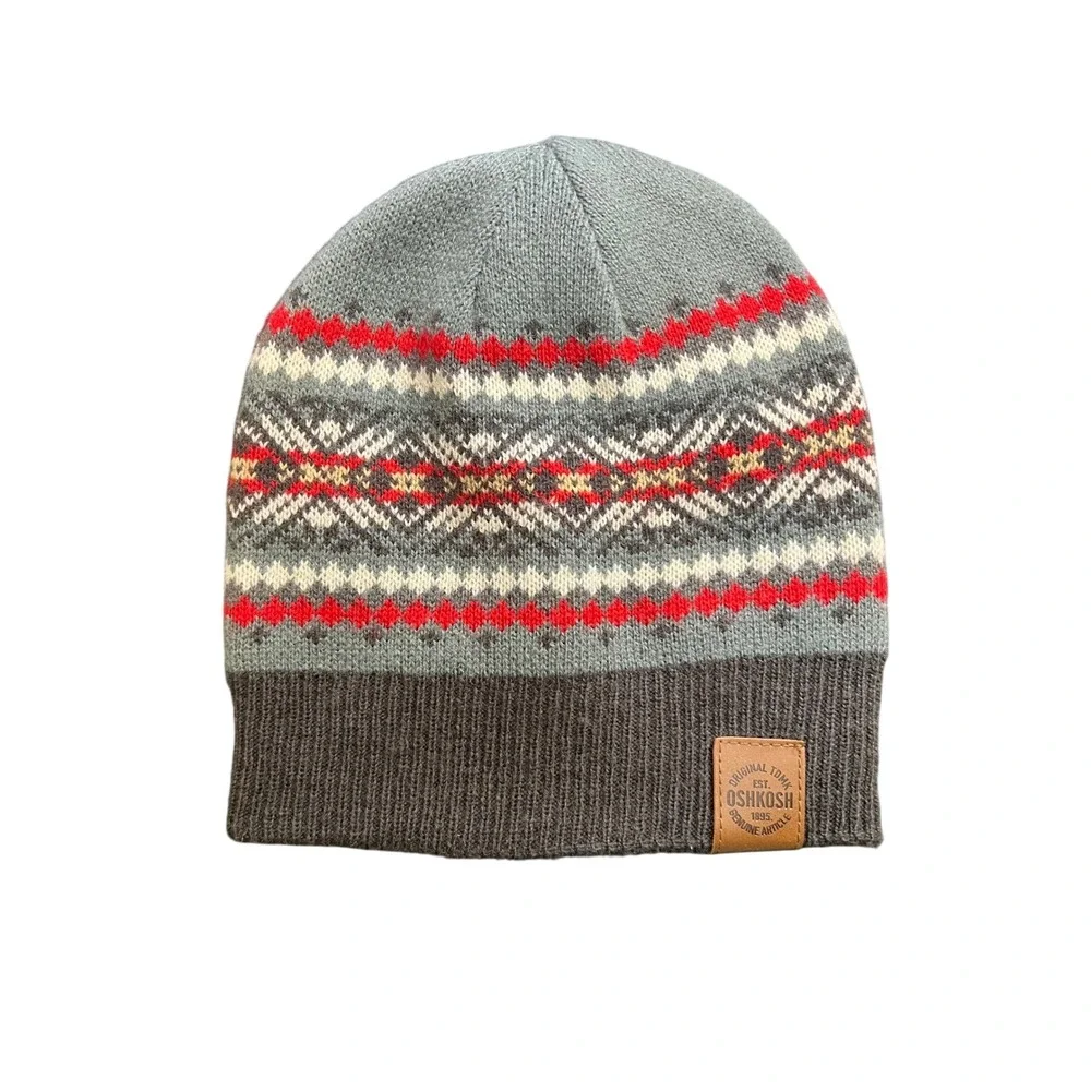 OshKosh Bgosh Kids Grey Red Fair‎ Isle Knit Beanie Hat Size 4-7 OSH19734
